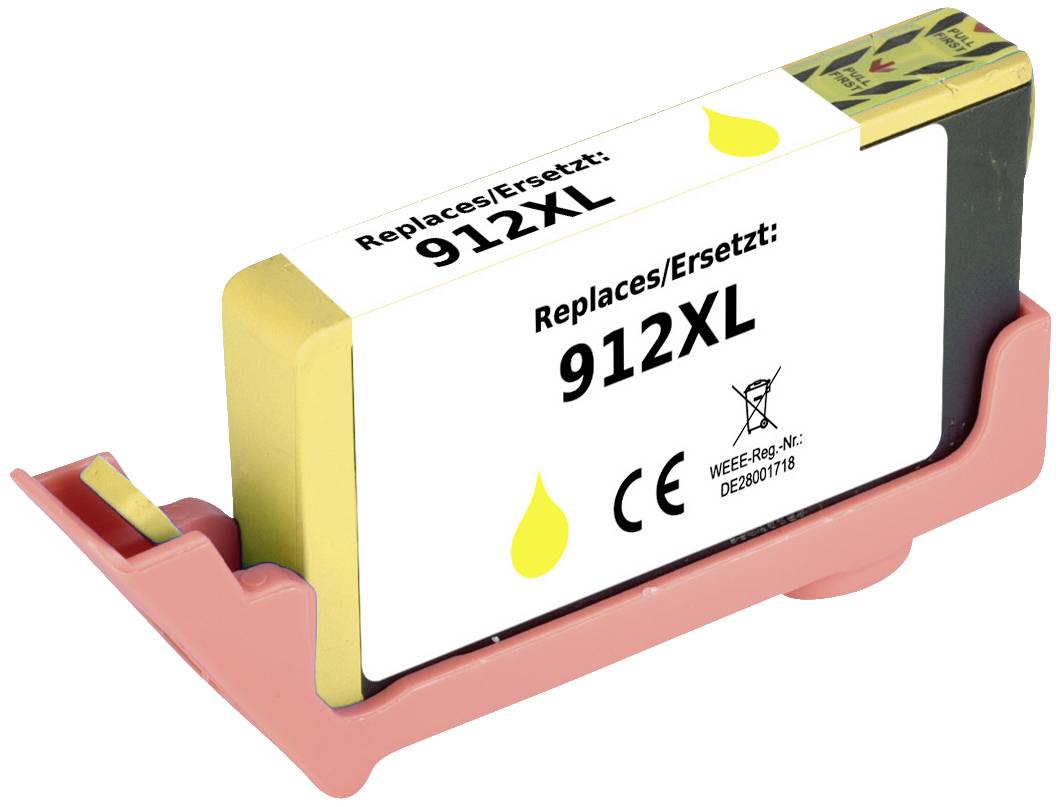 Printer cartridge with 'Replaces/Ersetzt: 912XL' printed on it, yellow ink symbol and CE marking, situated in a pink holder.