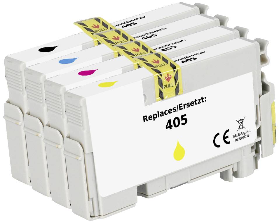 Five printer cartridges in black, cyan, magenta and yellow, stacked. Each cartridge is labelled with 'Replaces/Replaces: 405'.