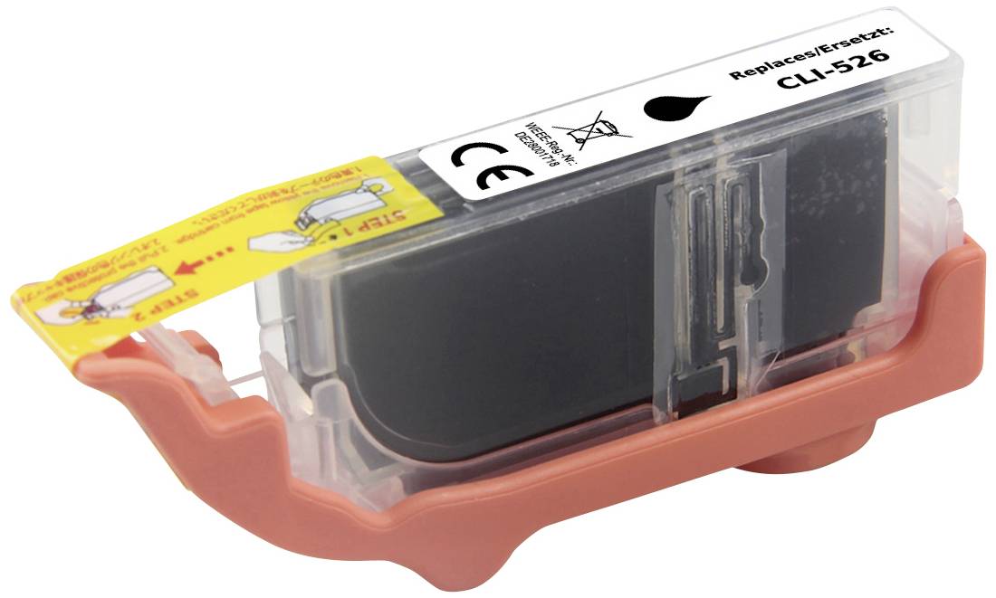 Printer cartridge with the inscription 'Replace/Ersetzt: CLI-526'. Contains ink symbol and CE marking. Transparent casing.