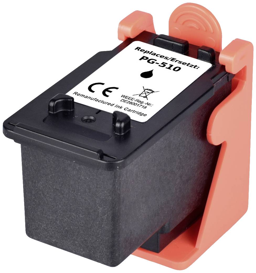 Black printer cartridge with the inscription 'Replaces/replaces: PG-510'. Contains recycling and CE marking.