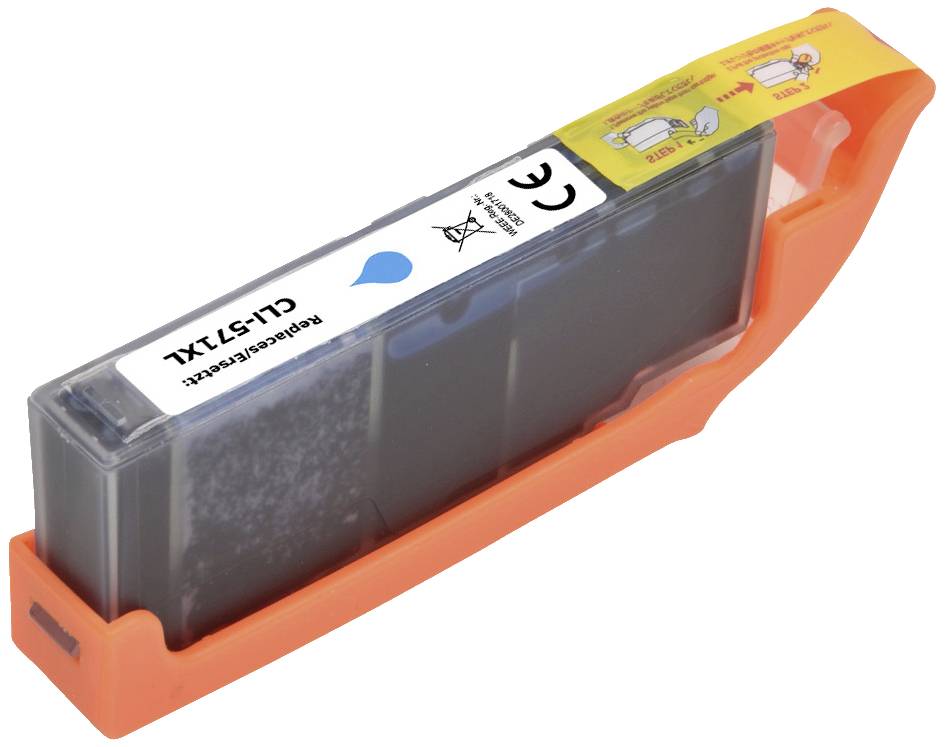 A blue ink cartridge container with an orange protective cap, marked with 'CL-571XL'.