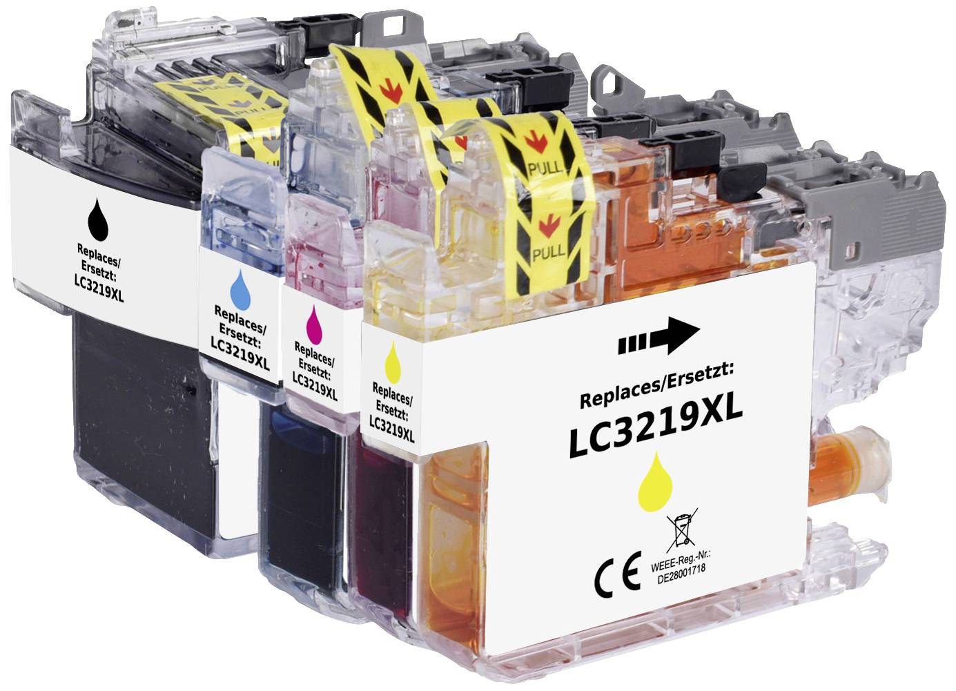 Three ink cartridges: black, cyan/magenta/yellow, labelled 'Replaces/Replaces: LC3219XL'. Contain colour symbols.