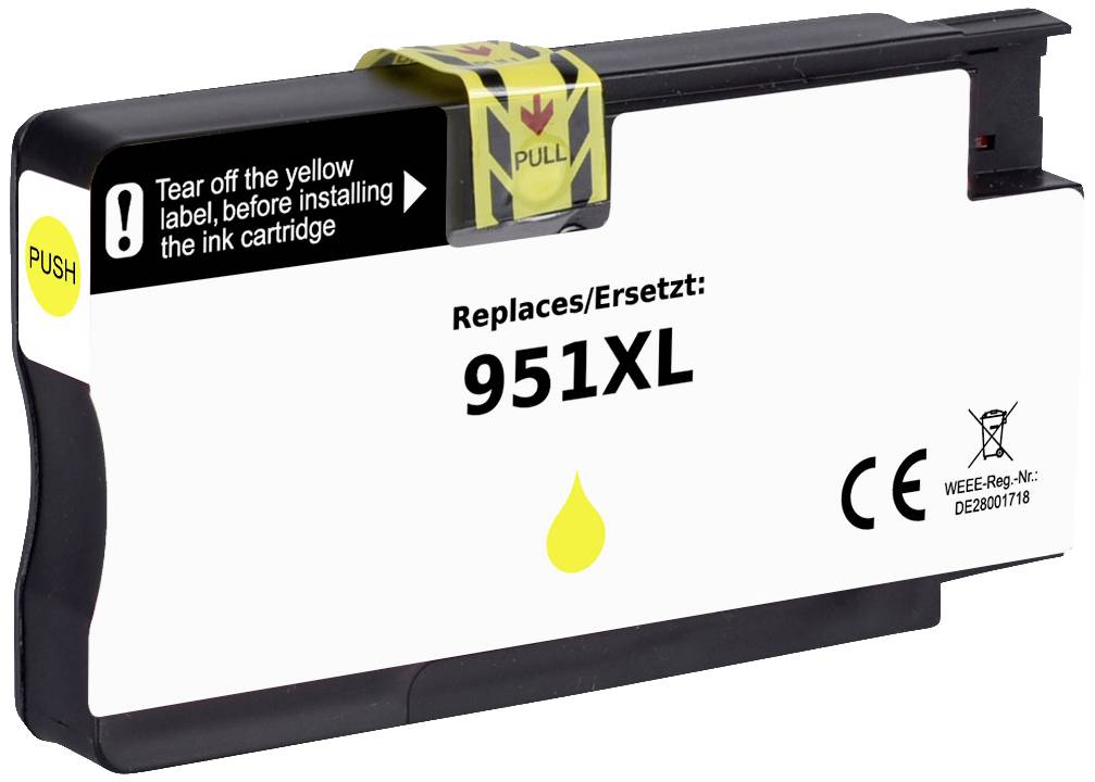 Ink cartridge with inscription 'Replaces 951XL'. Instructions: Tear off yellow label before installation. CE and WEEE markings visible.