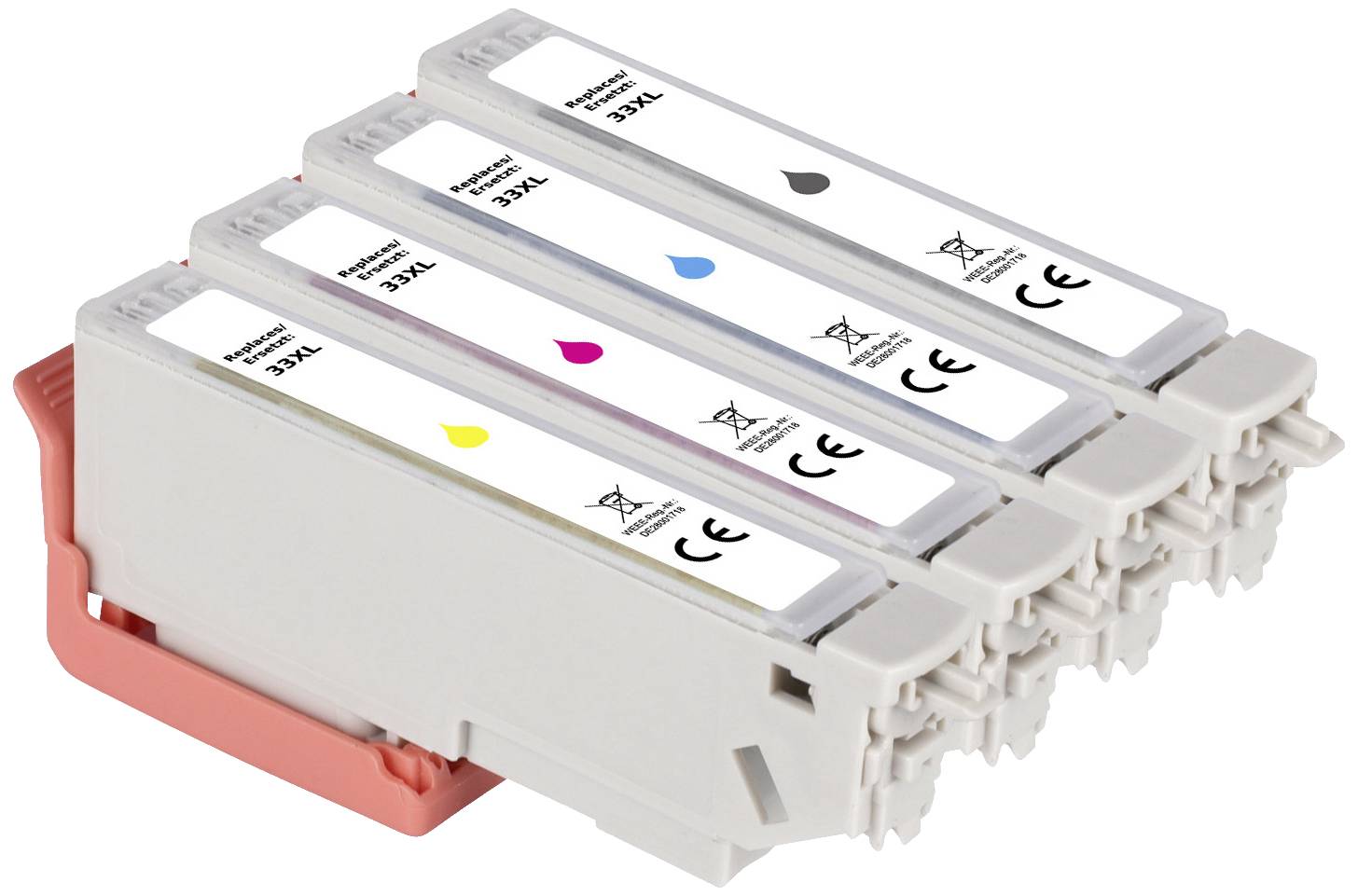 Four ink cartridges in black, cyan, magenta and yellow are lying side by side on a white surface.