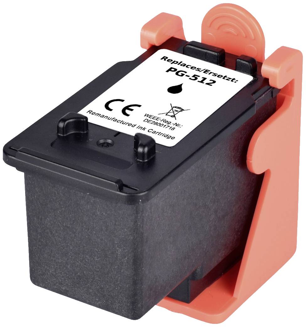 Black printer cartridge in an orange holder, label 'Replaces/Replaces: PG-512', with remanufacturing and CE symbols.