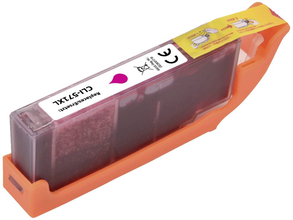 An empty ink cartridge for a Canon printer. Orange plastic casing with black ink, label displaying model number CL-571XL.