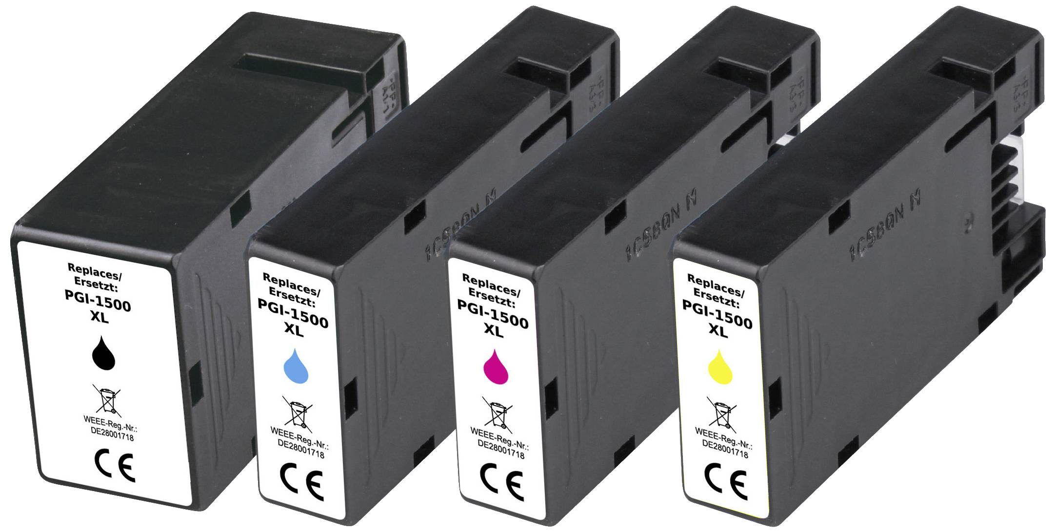 Four ink cartridges in the colours Black, Cyan, Magenta and Yellow, positioned side by side. Each cartridge has an XL label and CE marking.