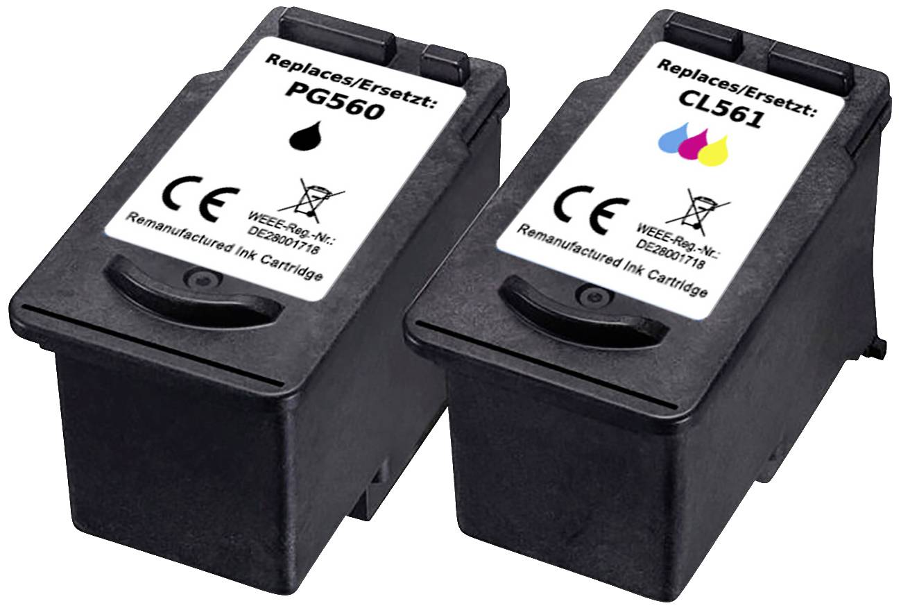 Two refilled ink cartridges: PG560 with black ink and CL561 with colour ink in cyan, magenta, yellow. CE marking visible.