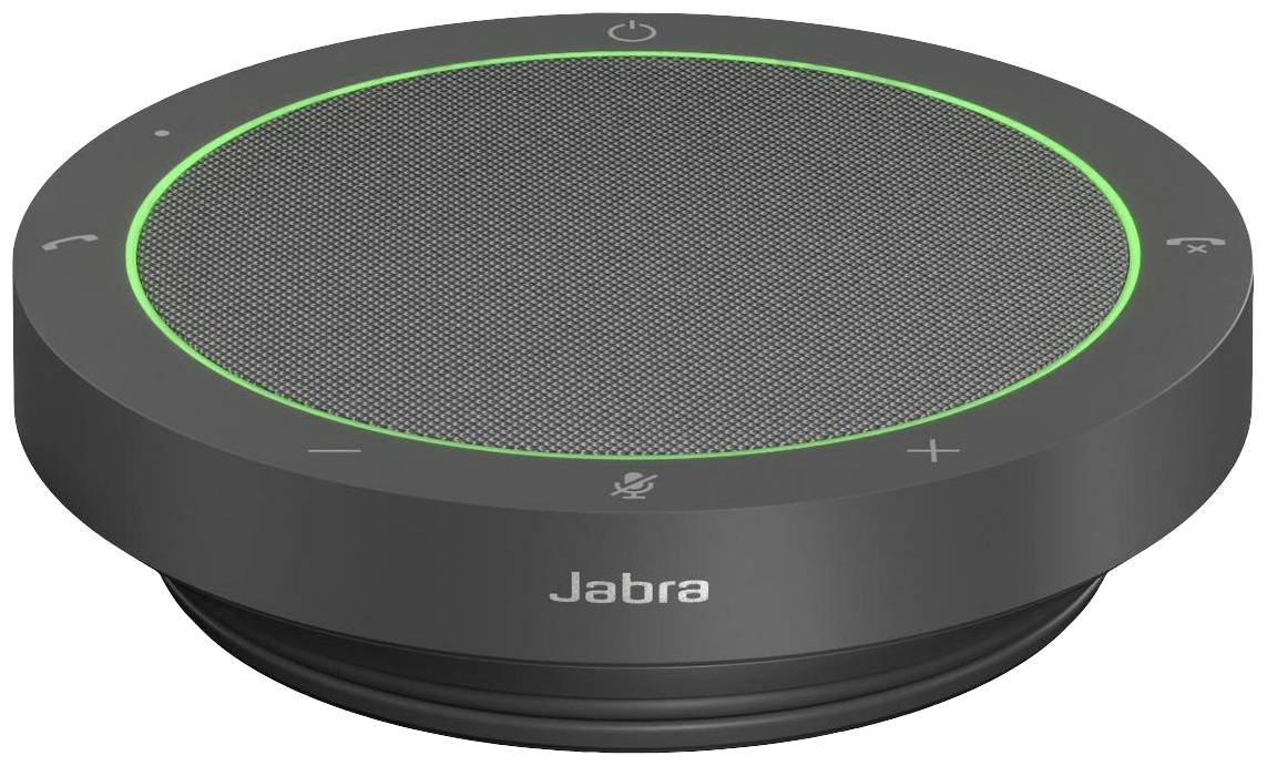Conference speaker in a round shape with a black surface and green LED border. Suitable for telephone conferences.