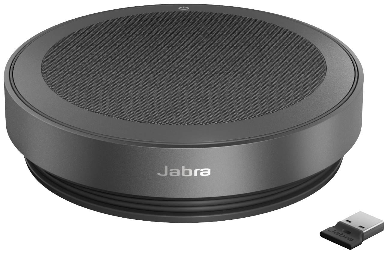 Portable, round speaker with a grey casing and black top; next to it a small USB adaptor.