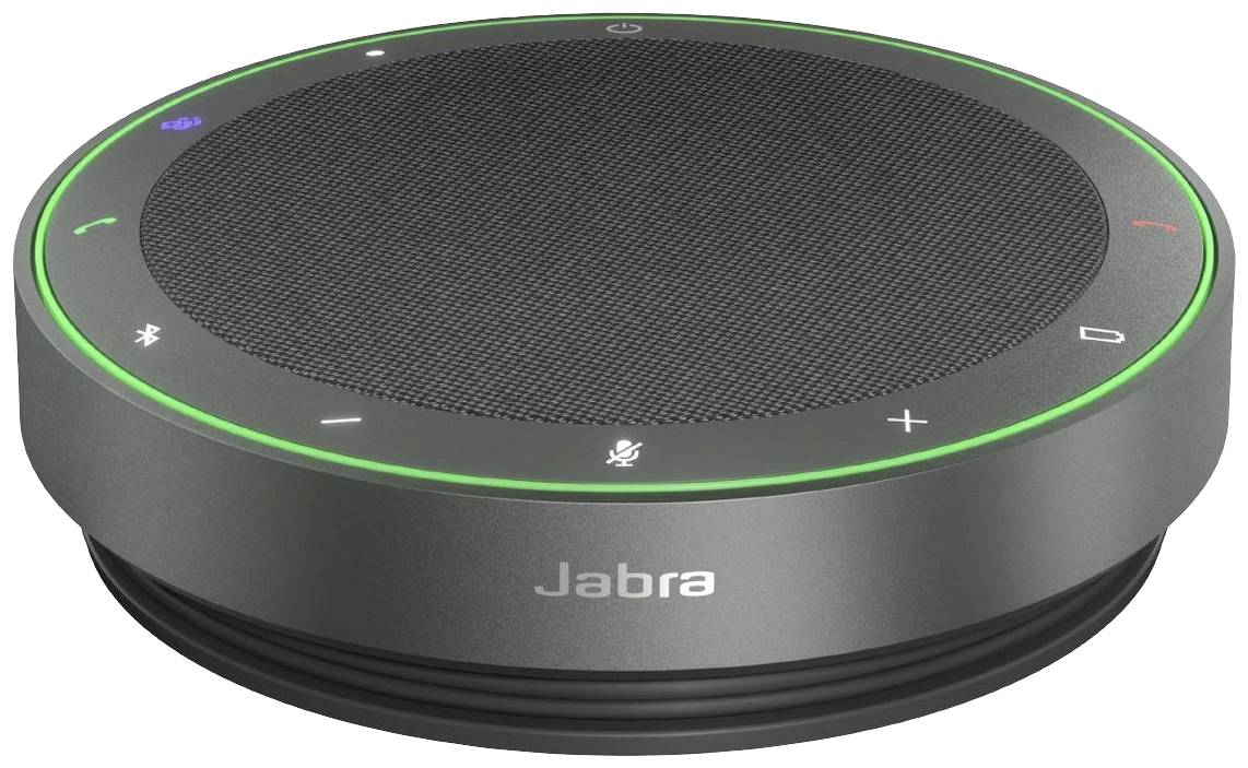 A grey, round hands-free device with a speaker grille and control buttons. The device features a green LED display.