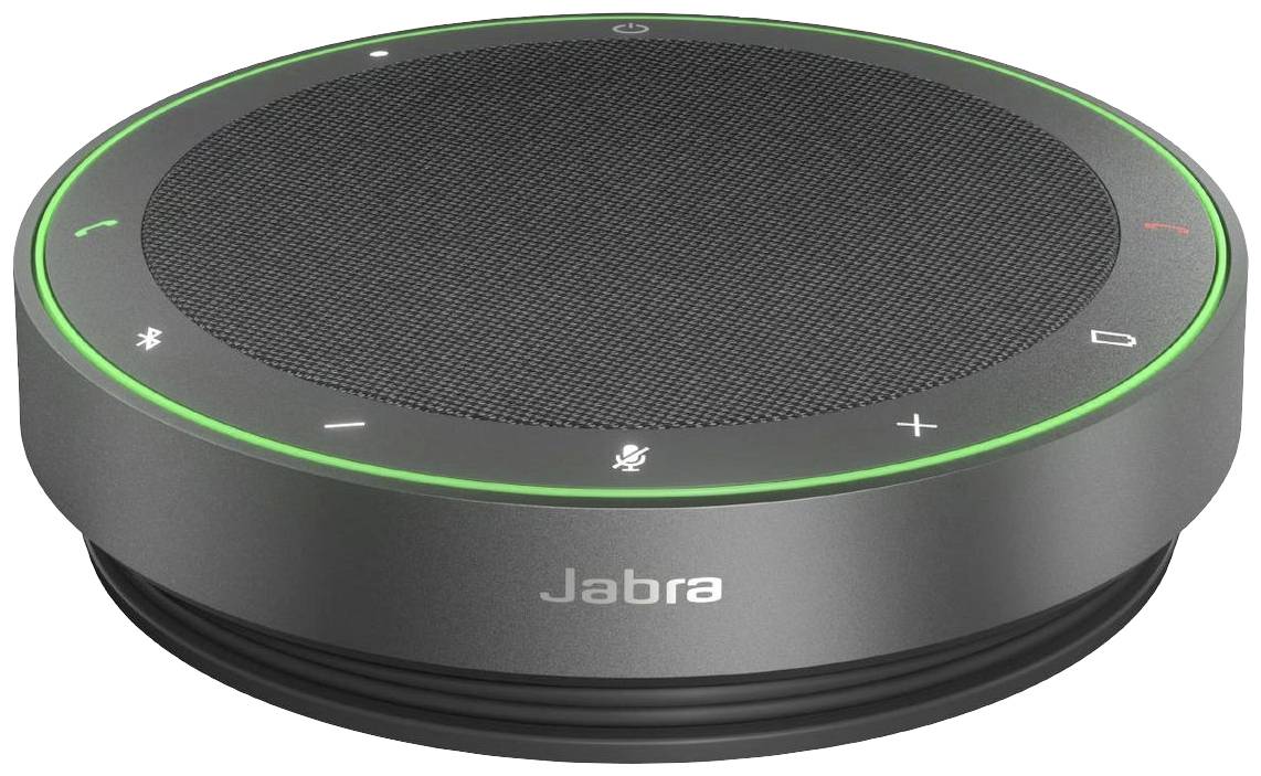 A grey, round speaker with the brand name 'Jabra' on the side. On top, there are symbols for volume, microphone, and Bluetooth.
