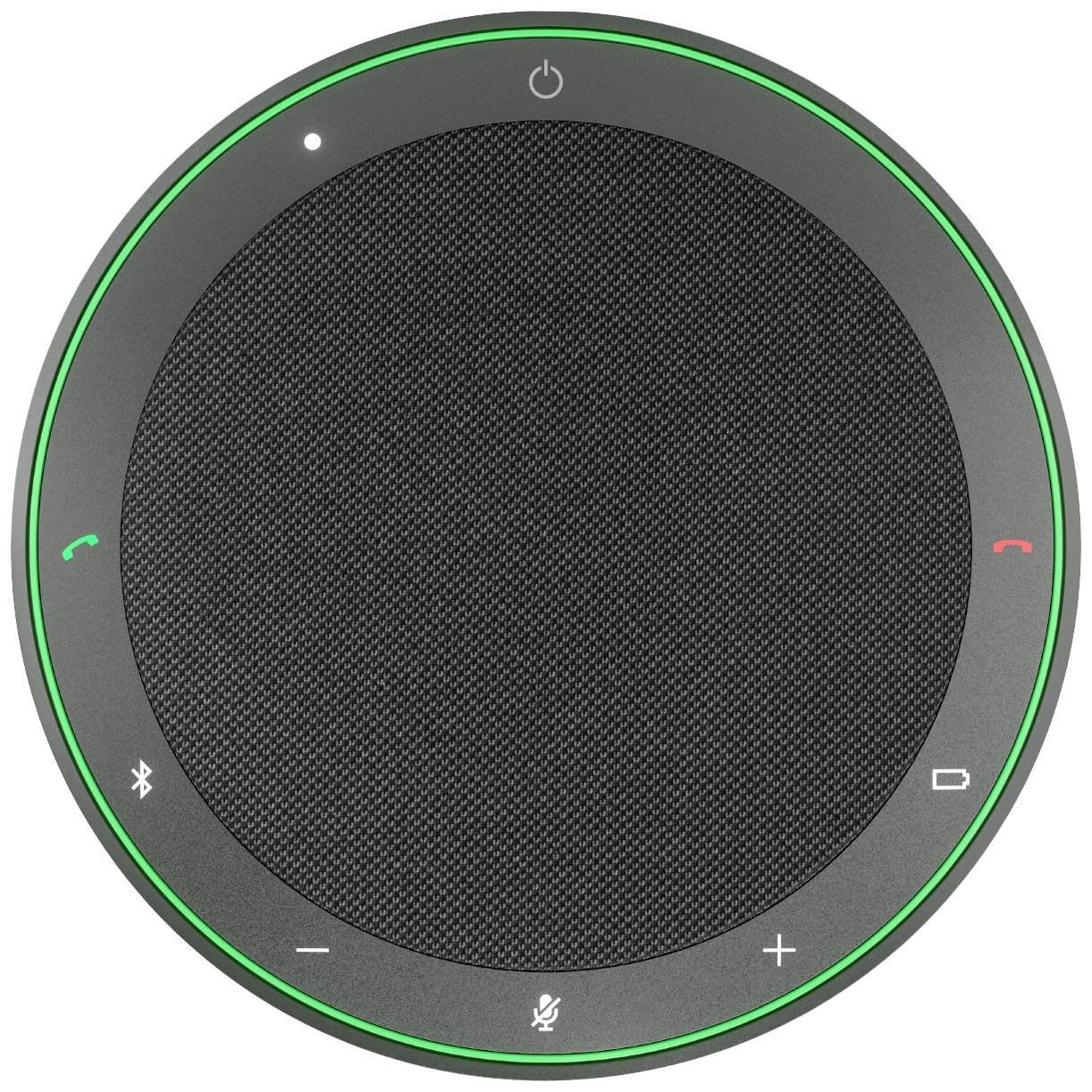 Round, black conference microphone with green illuminated ring indicator. Shows symbols for volume, mute, and call control.