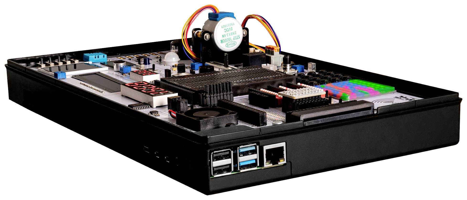 An open computer module with various electronic components, USB ports, and a fan in the centre.