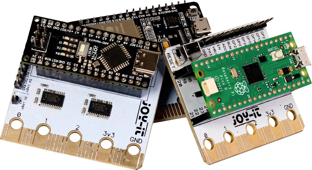 Several microcontroller circuit boards from different manufacturers are arranged in an overlapping manner. On the left is a Joy-iT board; on the right is a Raspberry Pi board.