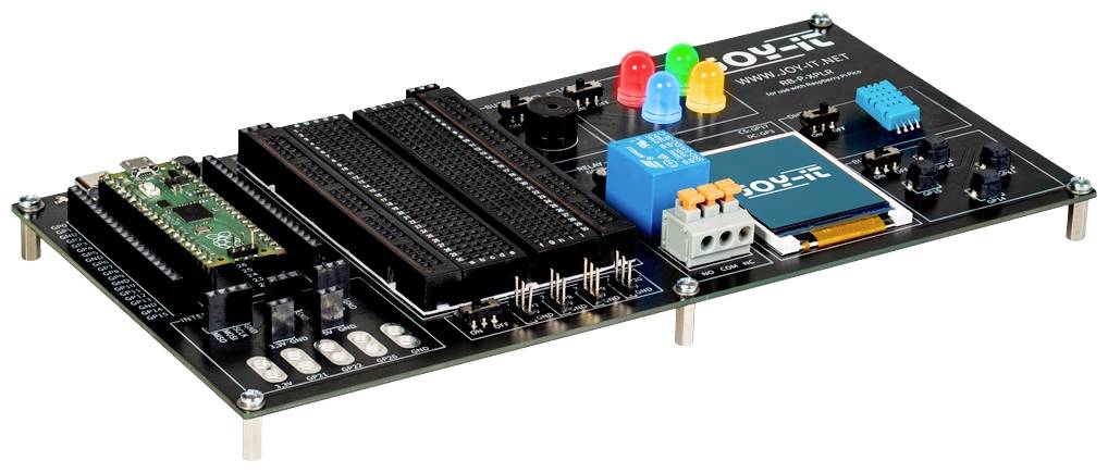Development board with various electronic components such as LEDs, resistors, and microcontroller. Used for technical prototypes.