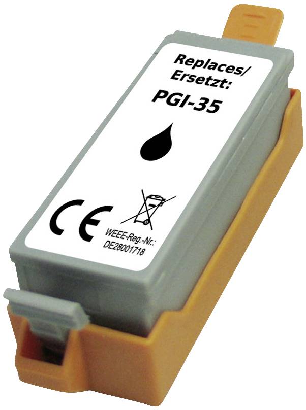 Printer cartridge with the inscription 'Replaces/Replaces: PGI-35', compatible with certain printer models. Grey container with orange clip.