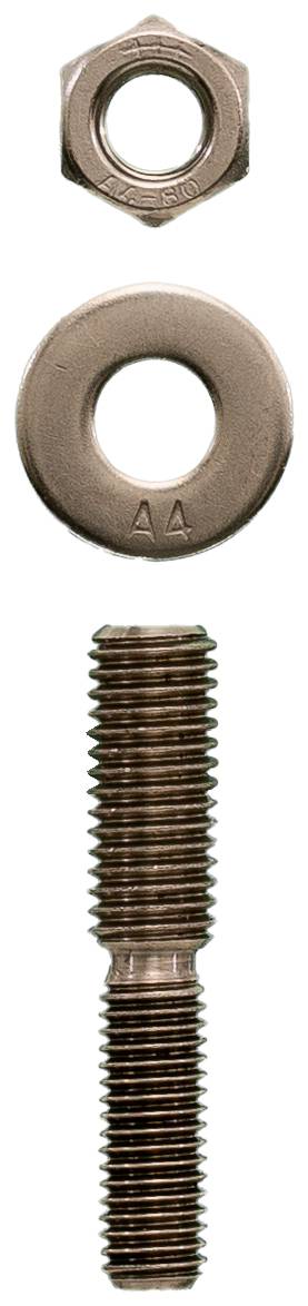 Illustrated are a hexagonal nut, a washer, and a double-ended metal grub screw.