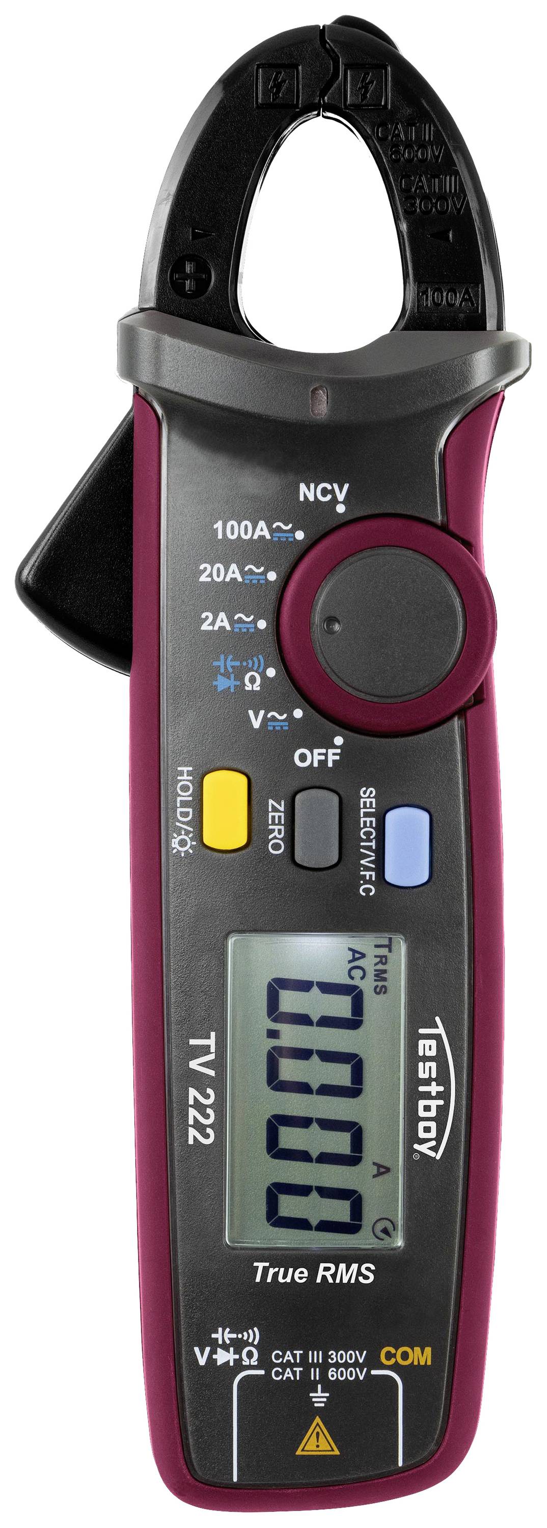 Close-up of an electrical clamp meter with digital display. Showing 0.00. Various setting options and protection category markings are visible.