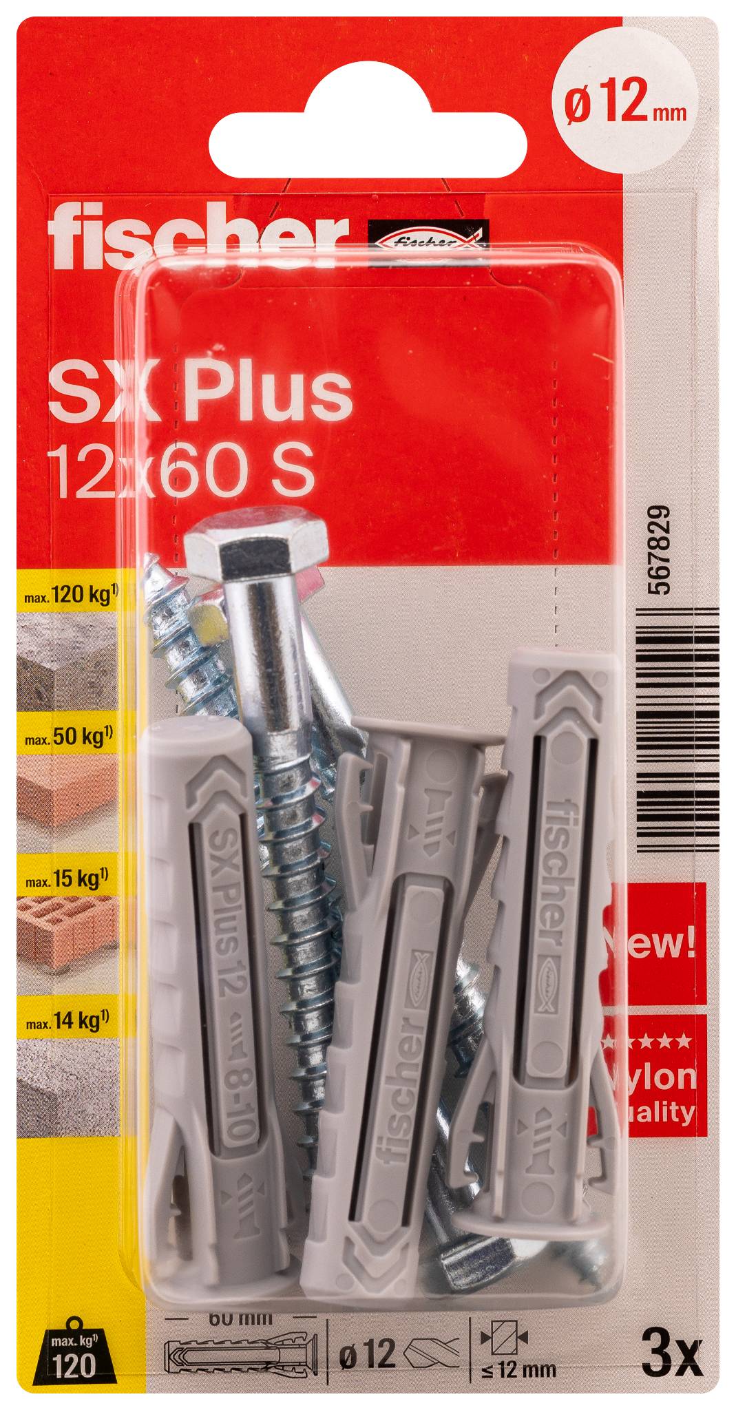 A grey wall plug and a silver screw lying side by side. The wall plug is branded with the 'Fischer' logo.