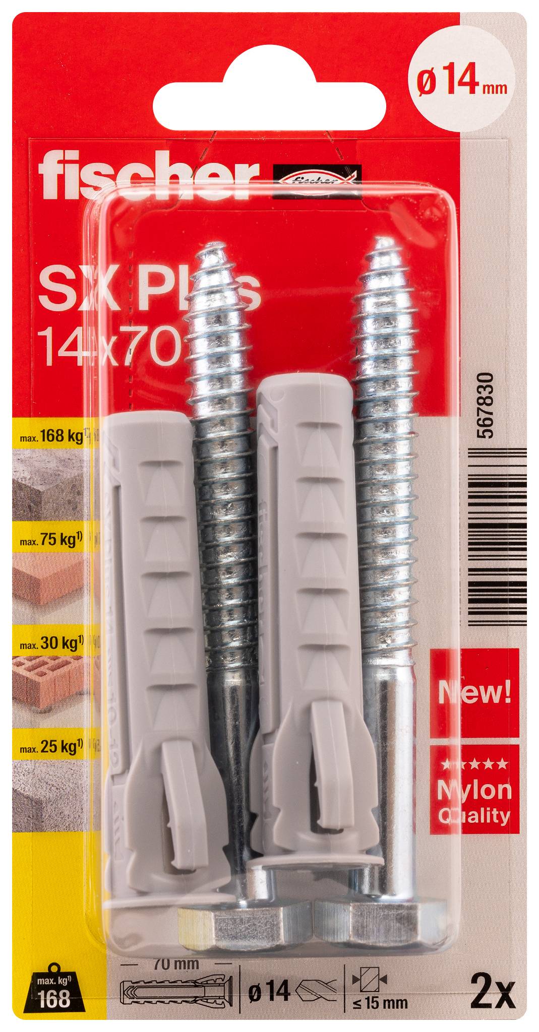 A grey wall plug and a silver screw are lying next to each other. The wall plug has wings for stabilisation, and the screw has a hexagonal head.