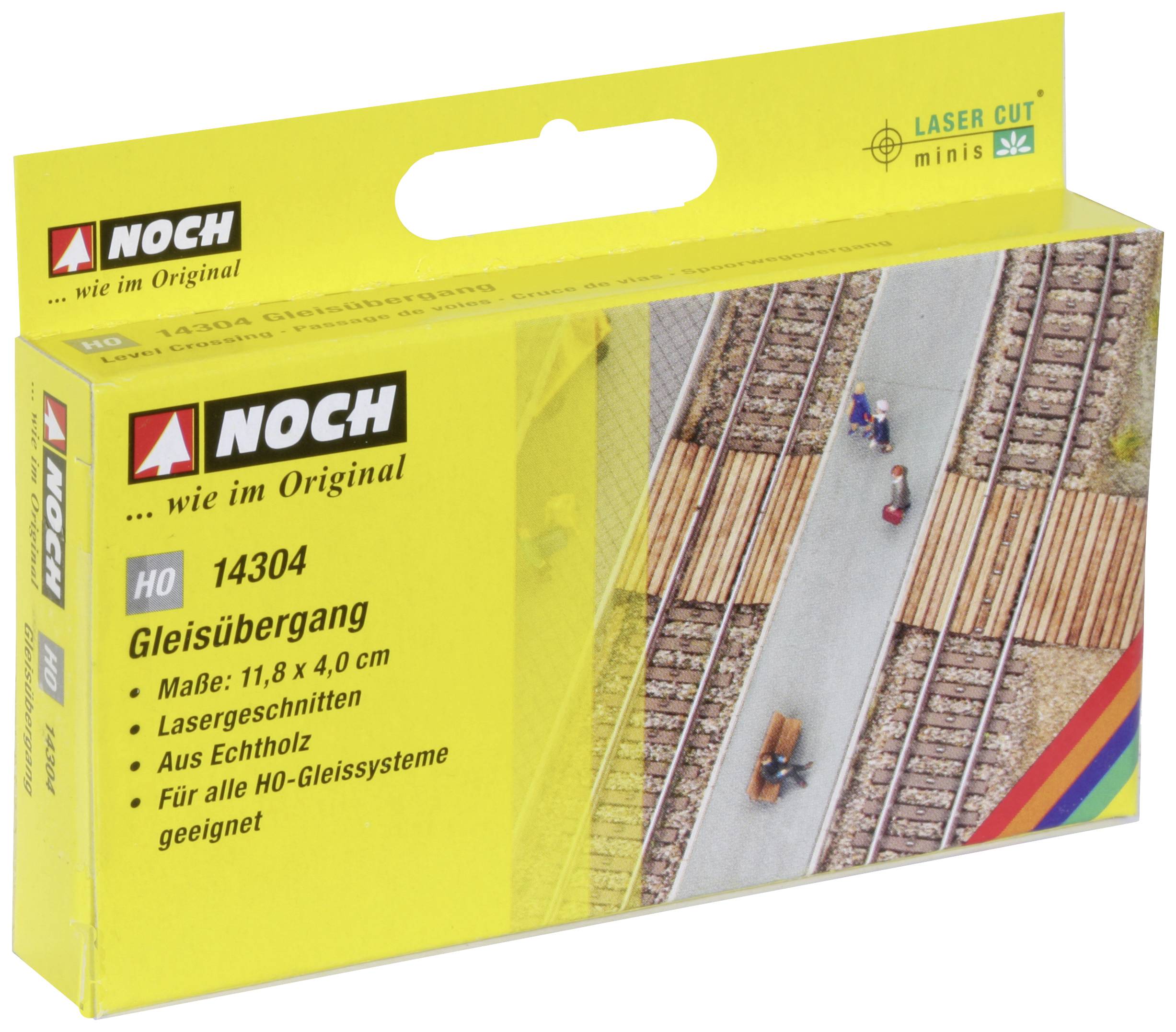Packaging for model railway accessory 'Level Crossing', H0, by NOCH. Contains laser-cut real wood parts. Dimensions: 11.8 x 4.0 cm.