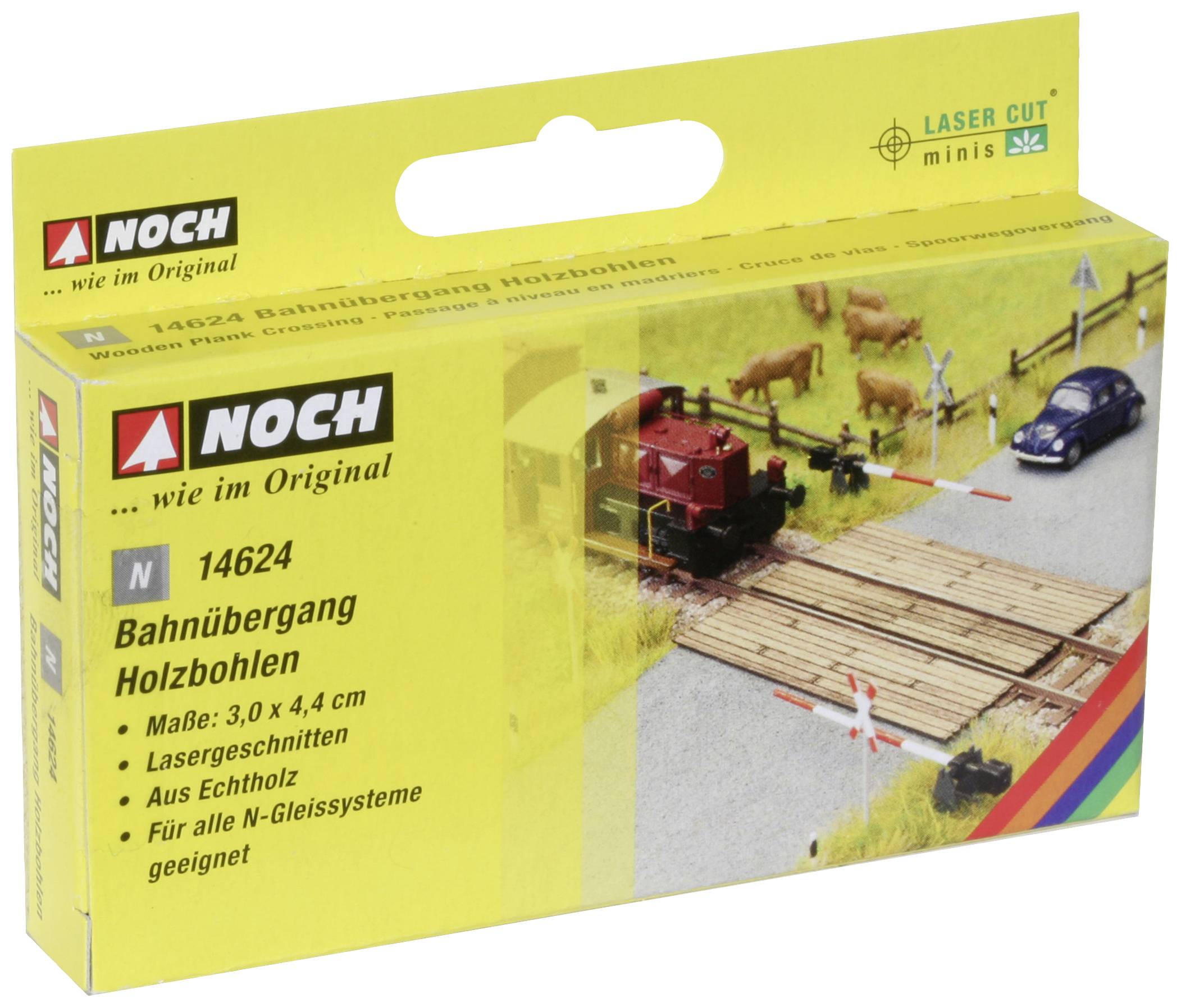 Model railway accessory pack by Noch featuring a level crossing with wooden planks. Dimensions: 3.0 x 4.4 cm. Suitable for N gauge track systems.