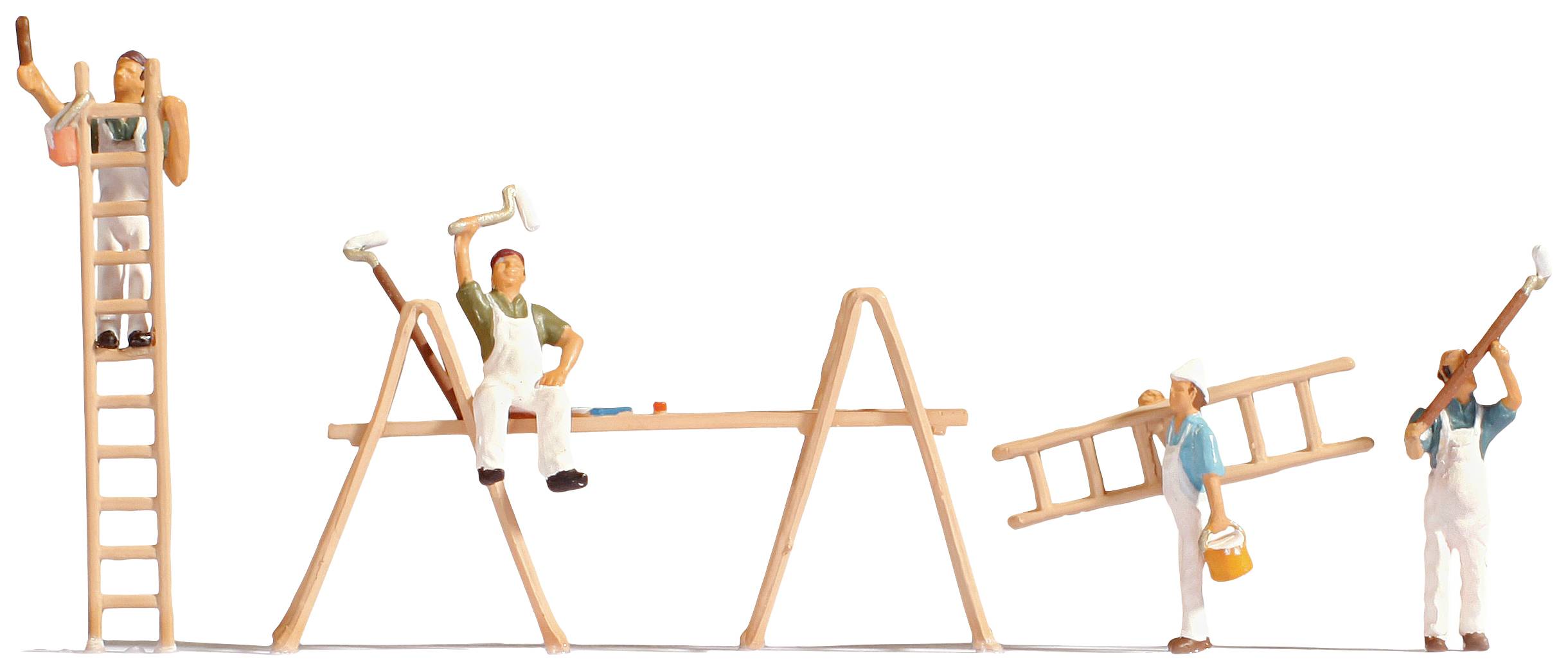 Four miniature figures painting and renovating; two are standing on ladders and two are carrying tools. Scene depicts renovation work.