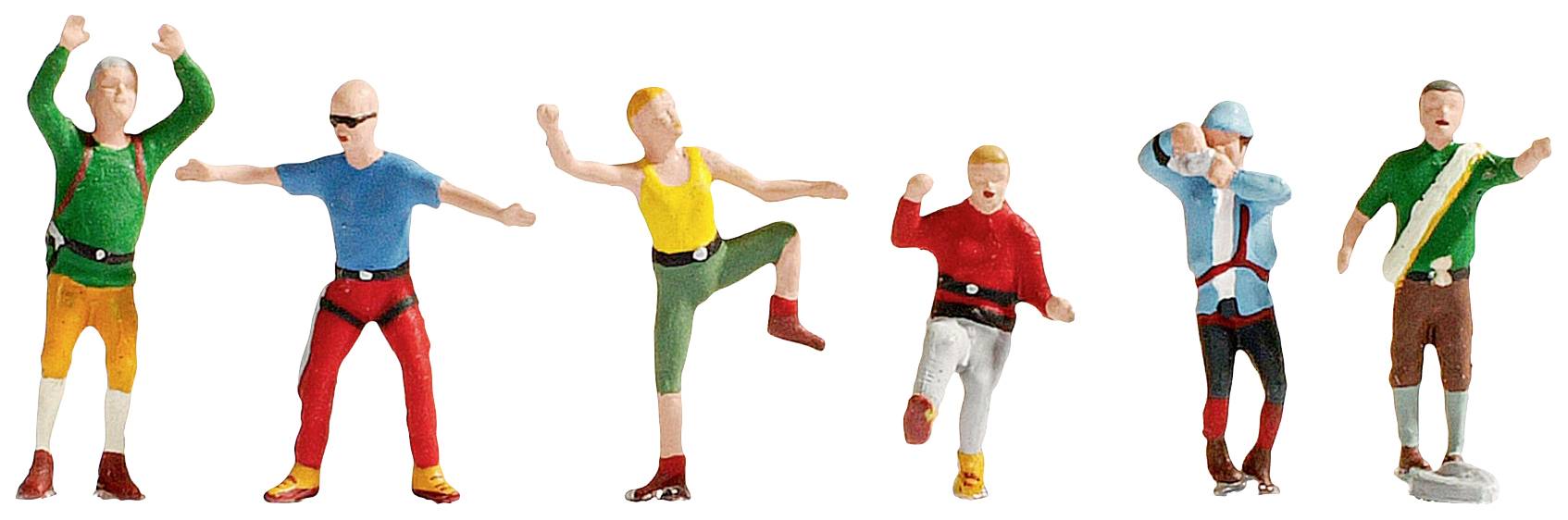 Six colourful miniature figures, all wearing sporting climbing gear, stand upright behind one another in various dynamic poses.