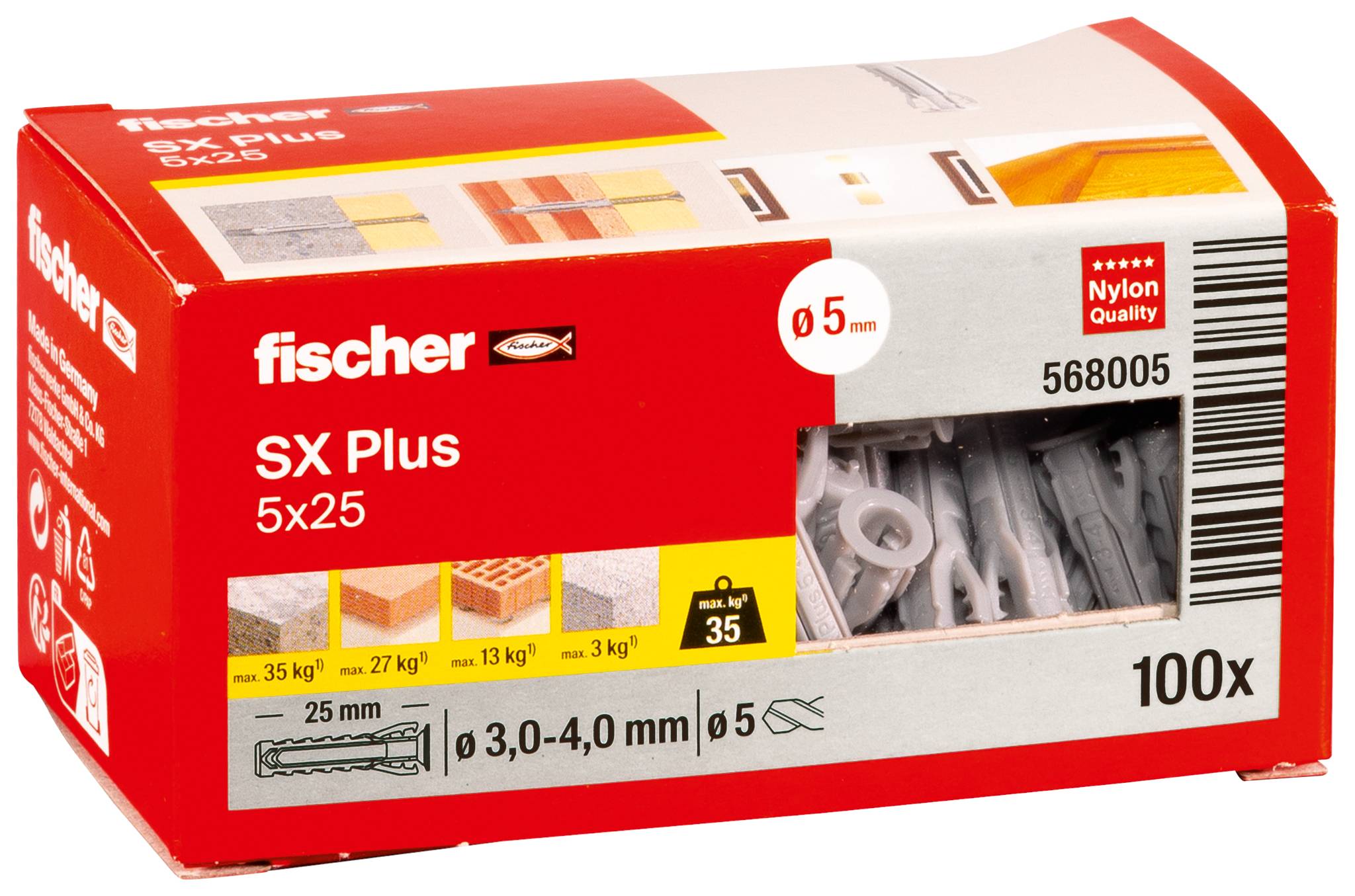 A white plastic wall plug with the 'fischer' printing. The plug has a slotted shaft and special wings for improved grip.
