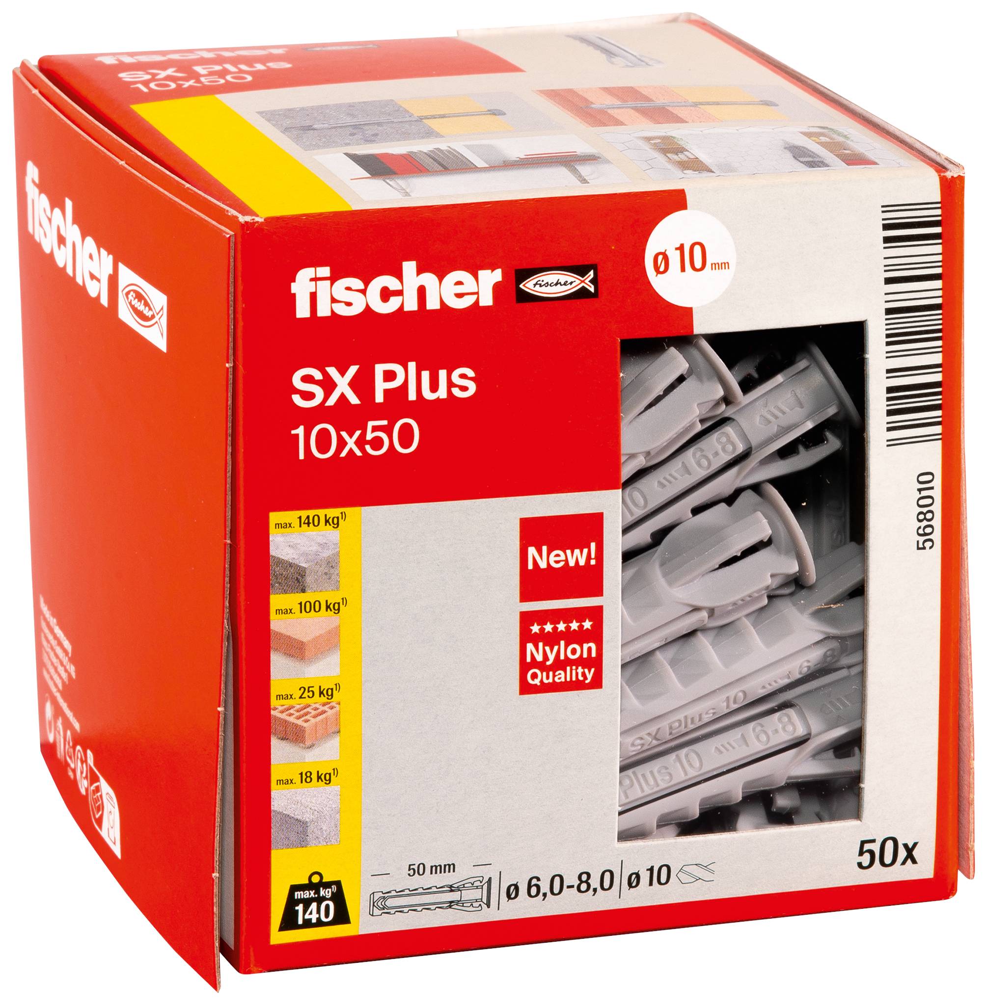 Plastic wall plug with 'fischer' branding on the side, displaying a cylindrical design with lateral anchoring wings.