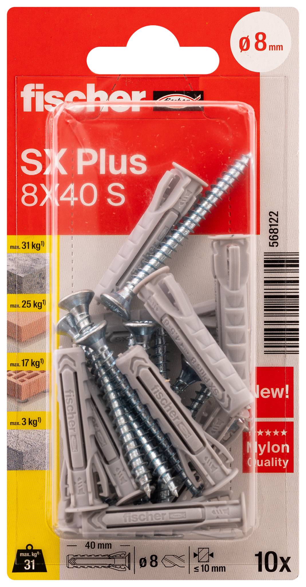 A grey wall plug and a silver screw are lying next to each other. The wall plug is branded 'fischer' and is suitable for wall fixings.