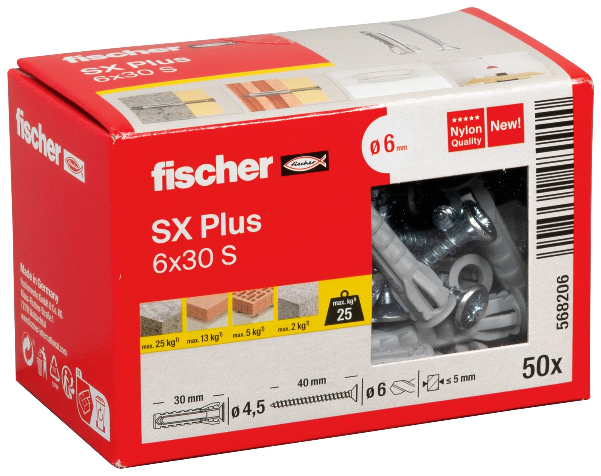 Plugs and screws with sharp threads for secure fixing in various materials.