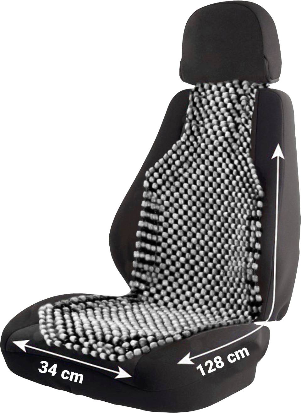 Black and white car seat cover with wooden bead massage, ergonomically designed. Dimensions: 34 cm width, 128 cm length.