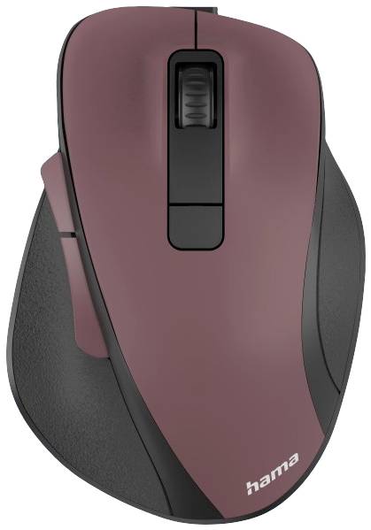Wireless, red and black computer mouse with ergonomic design and scroll wheel, suitable for right-handed use.