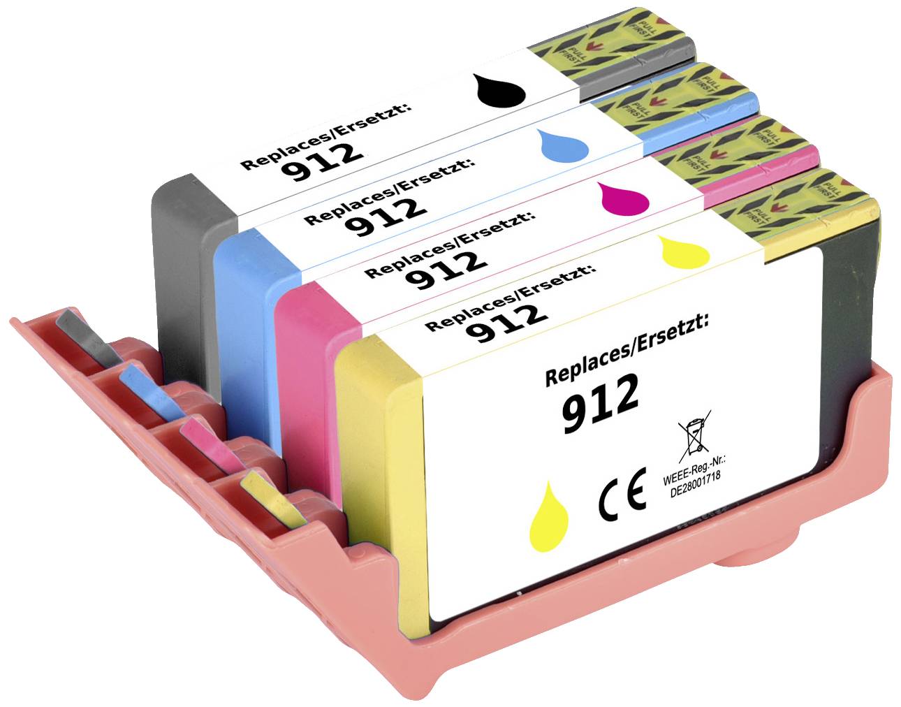 Four printer cartridges in black, cyan, magenta and yellow, serving as a replacement for Type 912, in a pink holder.