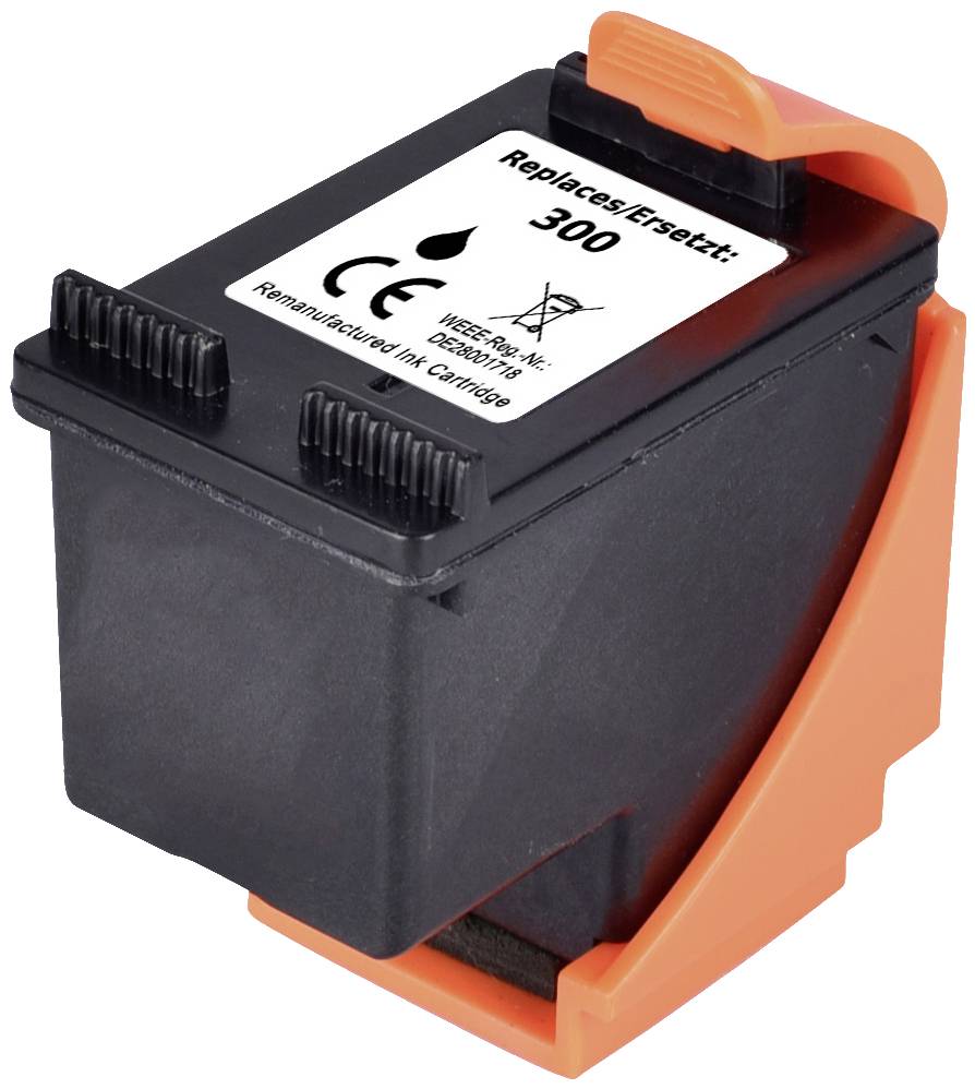 Black printer cartridge with the inscription 'Replaces/Replaces: 300', CE marking and ink symbol, mounted in an orange holder.
