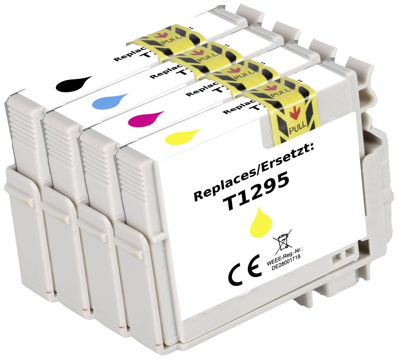 Four ink cartridges in Yellow, Blue, Red and Black. Each is marked with 'Replaces/Replaces: T1295'.