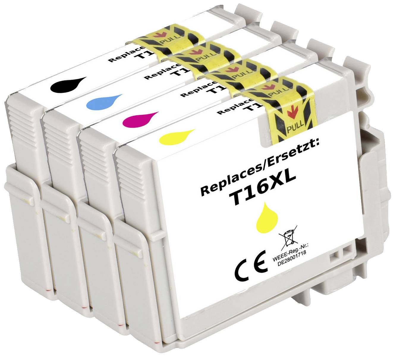 Four ink cartridges in the colours Yellow, Magenta, Cyan and Black. Each cartridge is labelled 'Replaces/Replaces: T16XL'.