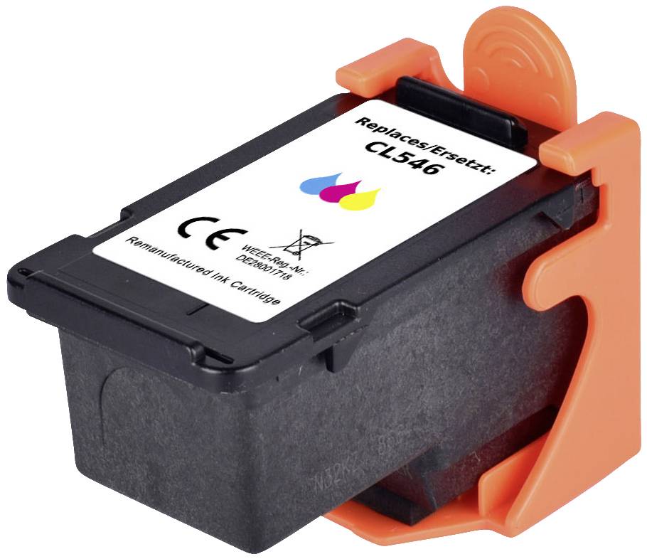 Ink cartridge with 'Replaces: CL546' printed on it, CE marking, and recycling symbol.