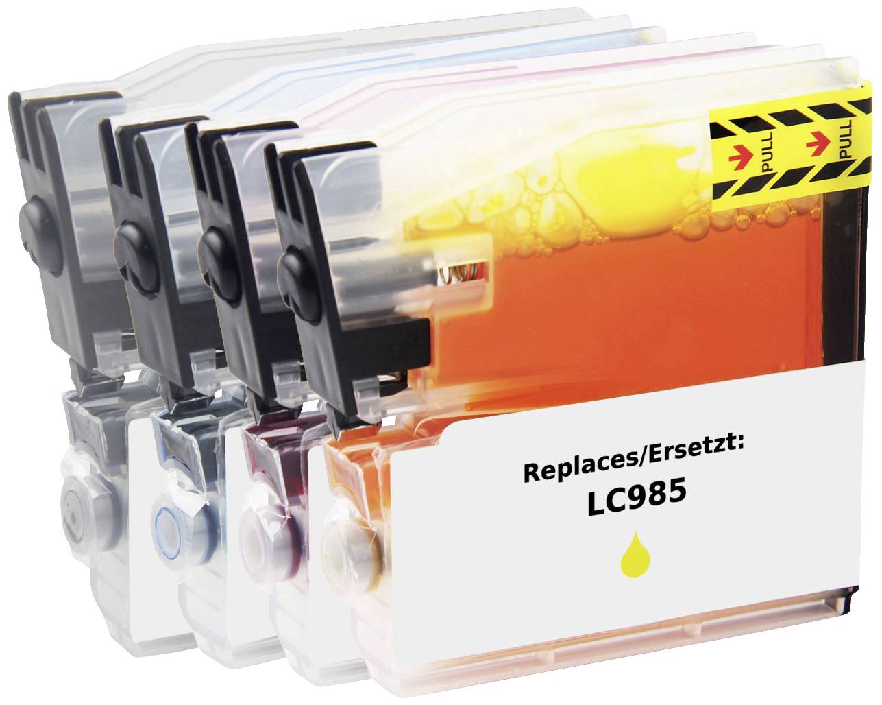 Four ink cartridges in different colours, from front to back: yellow, magenta, cyan and black. Label reads: 'Replaces/Replaces: LC985'.