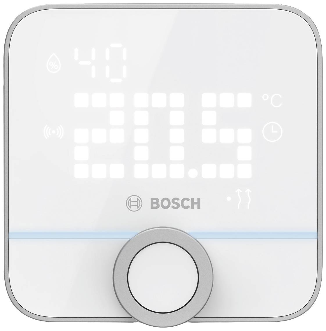 Digital thermostat displaying 20.5 degrees Celsius, with the brand name underneath. Symbols for humidity, Wi-Fi, and time.