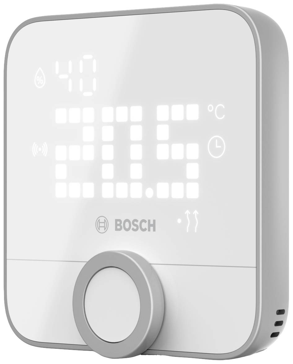 Digital thermostat showing a temperature of 20.5 degrees Celsius. 'Bosch' brand visible. Rotary dial for adjustment at the bottom.