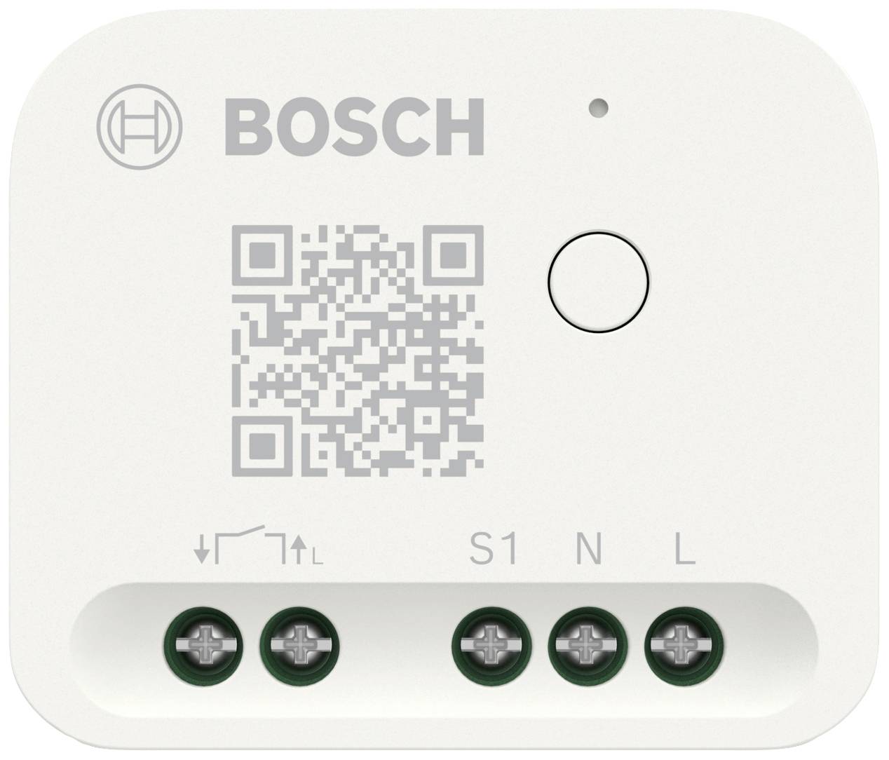 A Bosch device with a QR code, power button and connection terminals labelled S1, N, L.