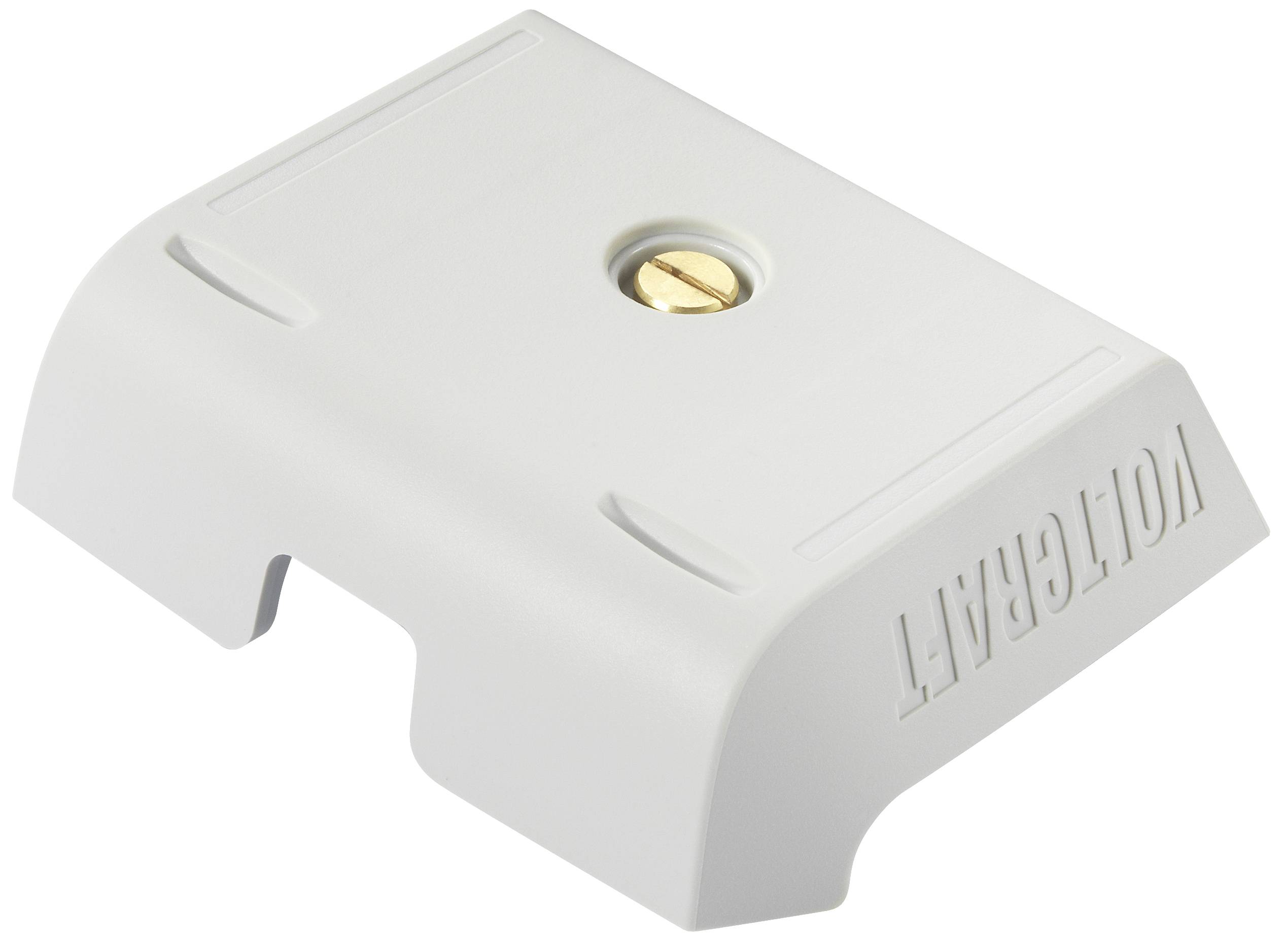 Grey, rectangular plastic block with a hole and the inscription 'VOLTCRAFT'. Electronic component for cable assembly.