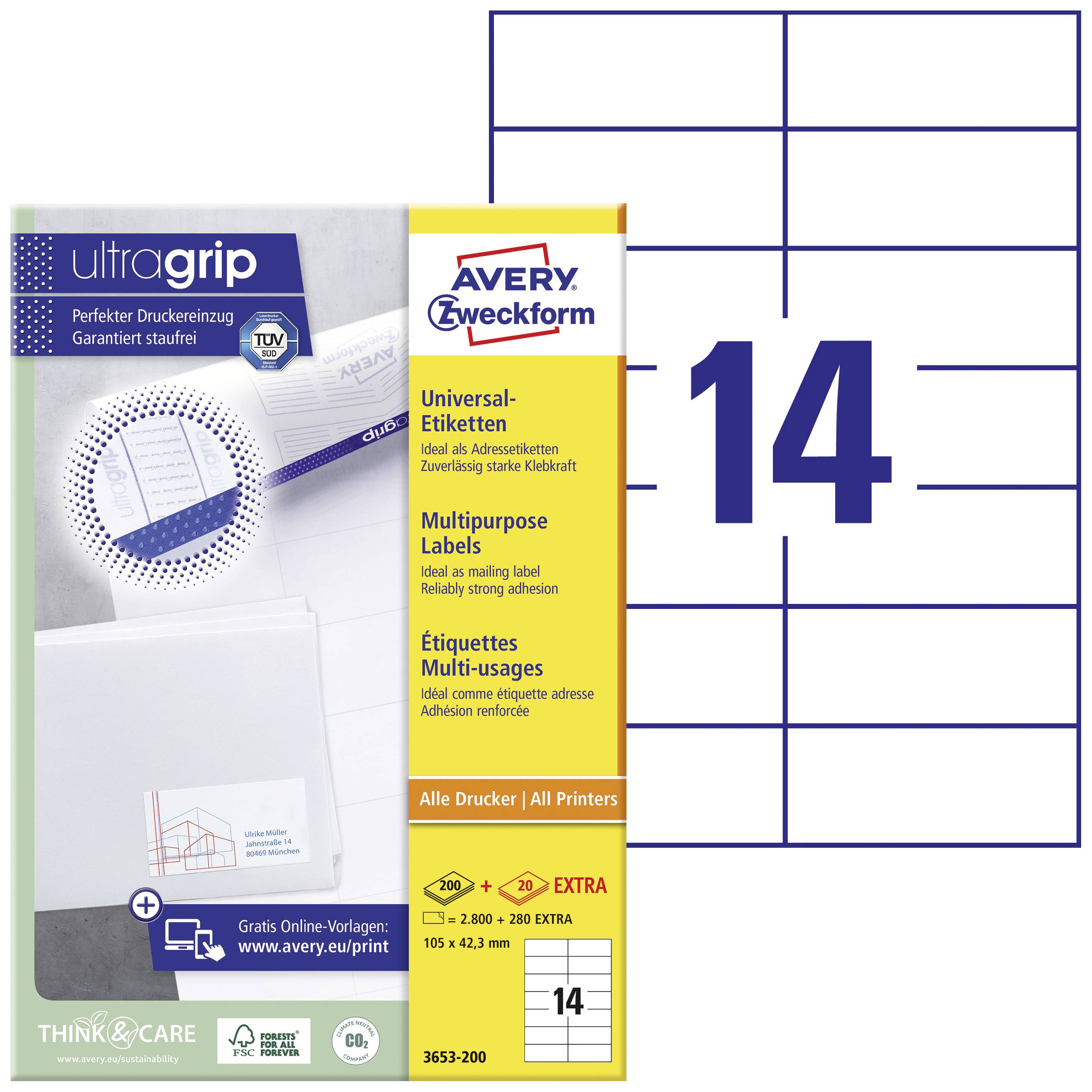 Avery Zweckform Label Sheet Layout for Universal Labels, 14 Labels per Sheet, Size 105 x 42.3 mm, Suitable for All Printers.