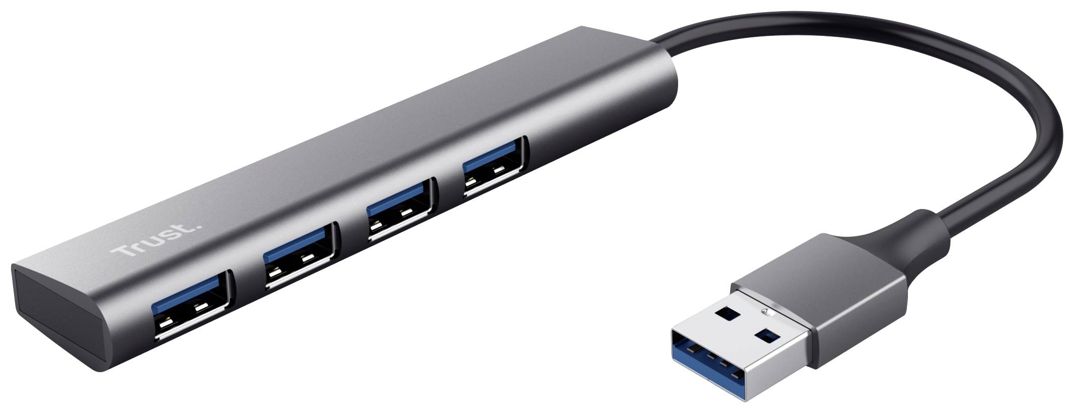 A USB hub with four USB 3.0 ports and a short cable. The hub is slim and suitable for connecting multiple devices.