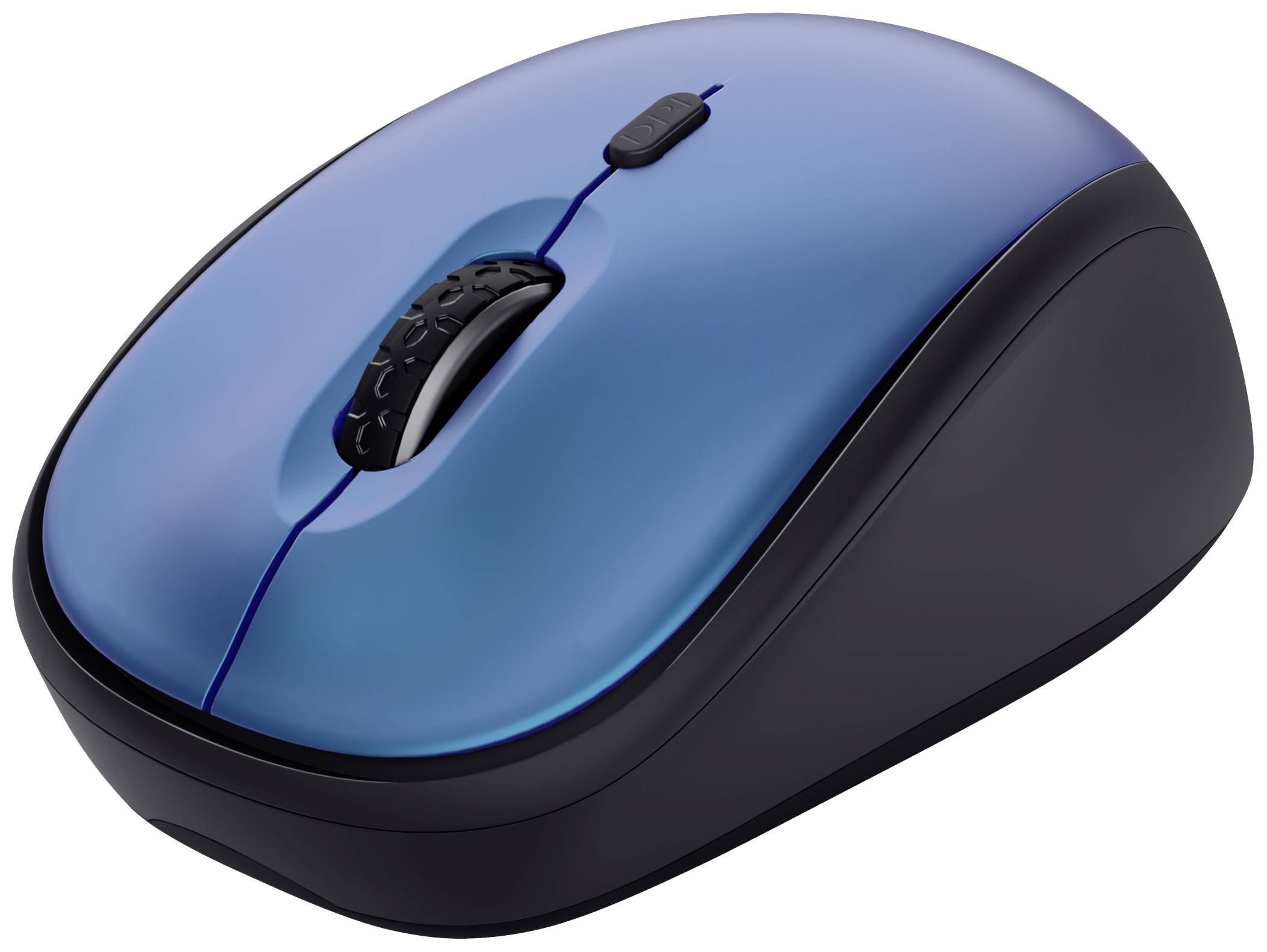 A wireless, compact computer mouse in blue and black with a scroll wheel and two buttons, suitable for laptops and desktop computers.