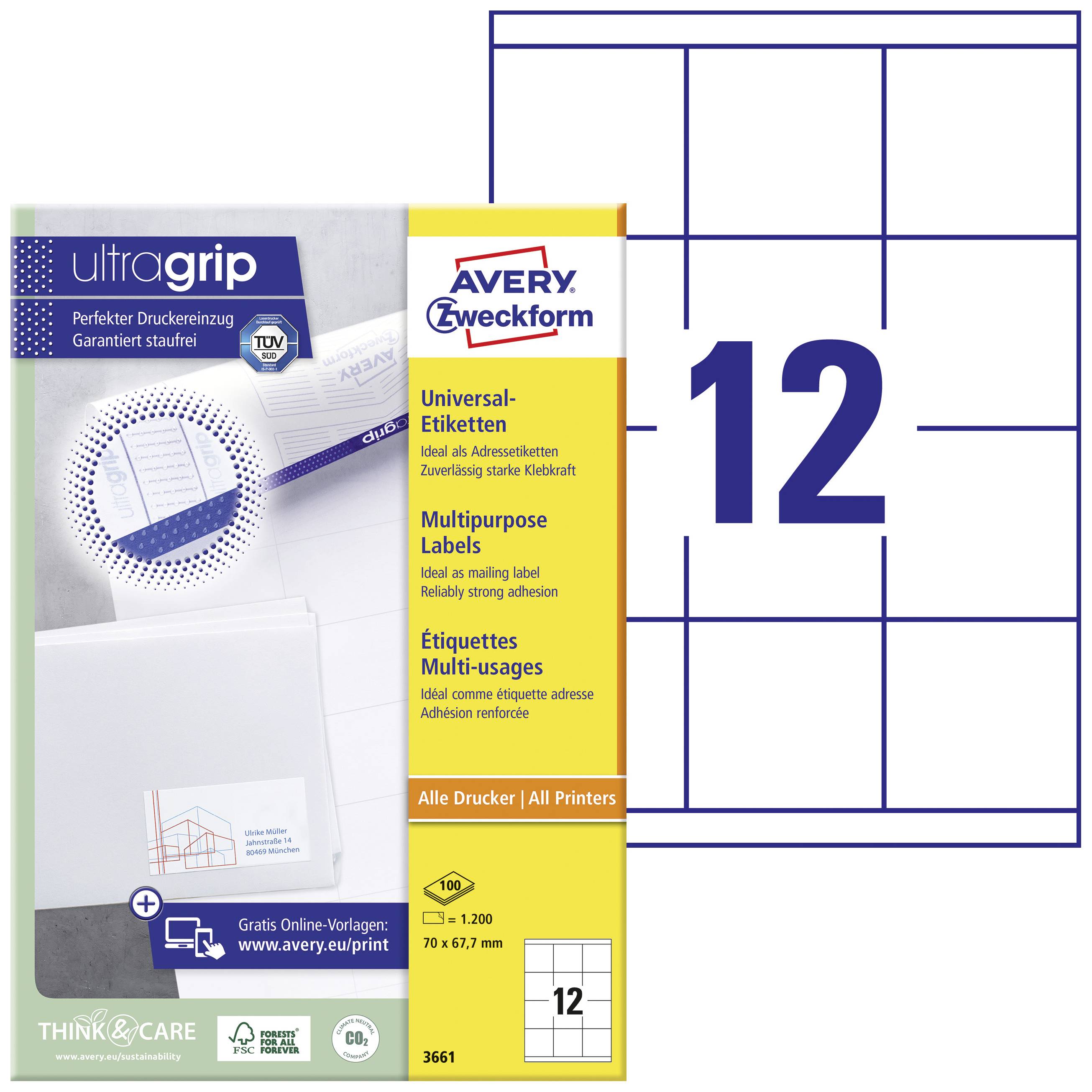 Avery Zweckform Label Packaging. Contains 1200 Universal Labels, 70 x 67.7 mm, compatible with all printers.
