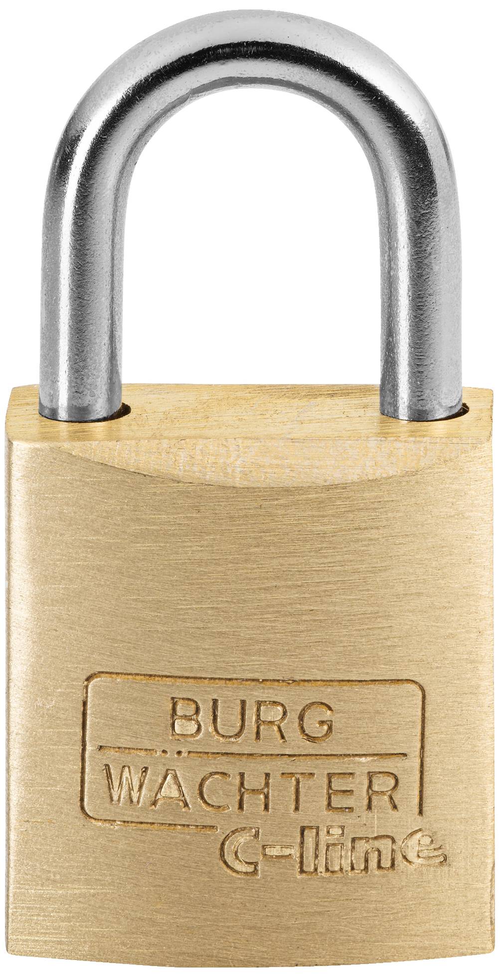 Metal padlock with engraving 'BURG WÄCHTER C-line' on the front. Suitable for security applications.